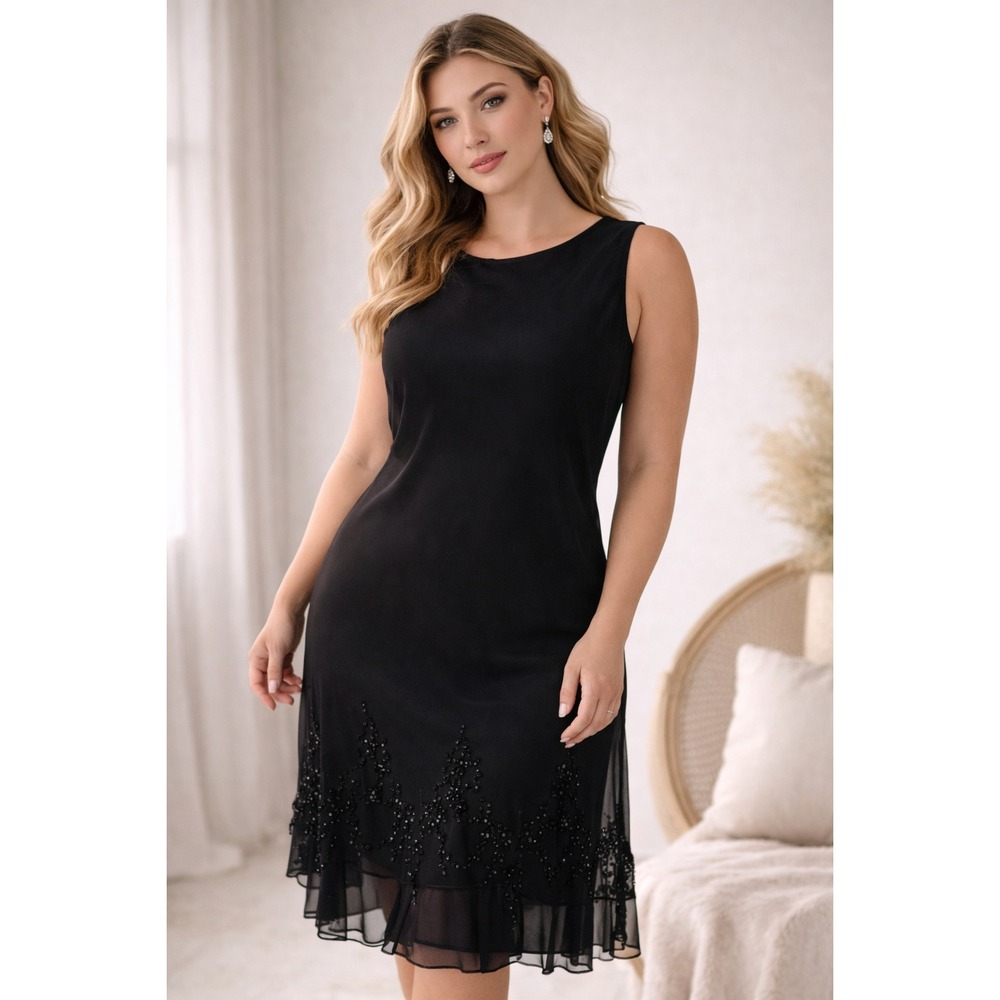 Women's Size 14 Black Silk Beaded Evening Dress Sheer Hem Elegant Formal Gown